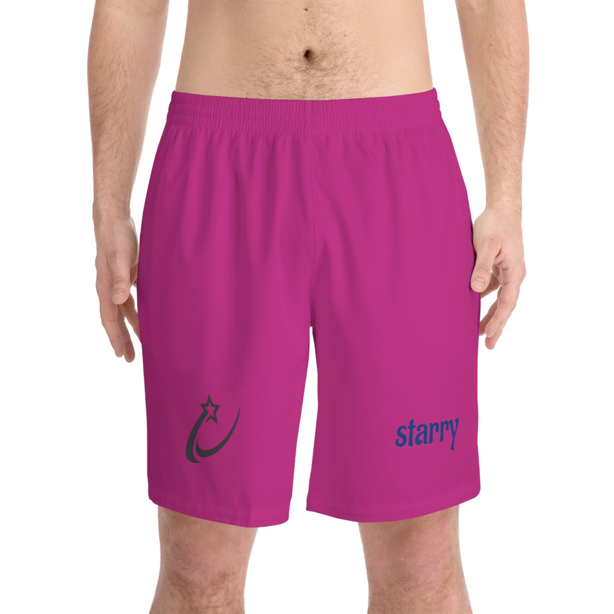 Starry Pink Beach Shorts — Men's Elastic Swim Trunks with Star Logo